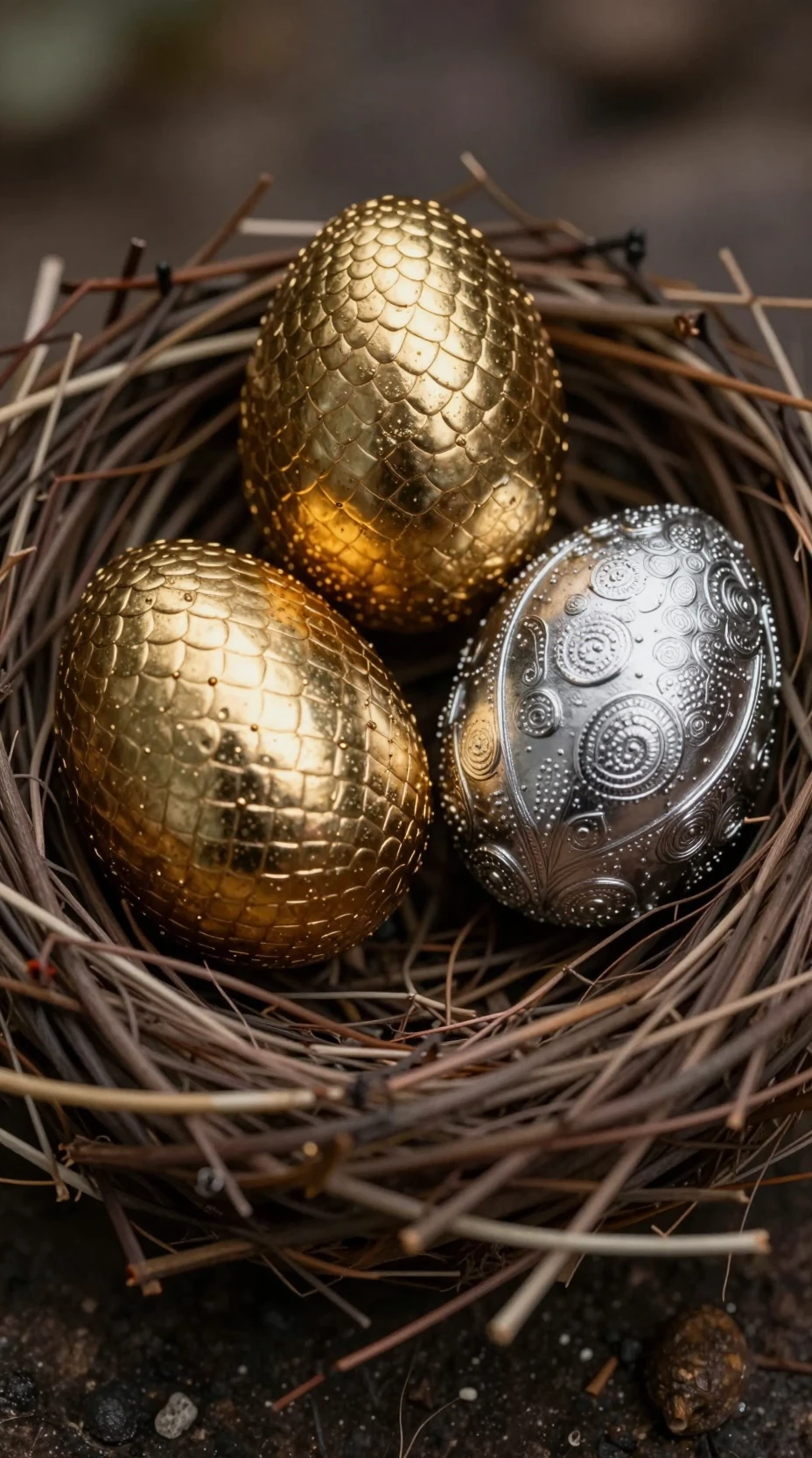 Uova di drago d’oro, d’argento e di bronzo adagiate in un nido