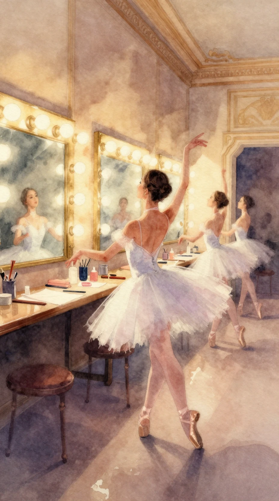 Aquarell-Ballerina im Vintage-Theater hinter der Bühne im warmen Schein