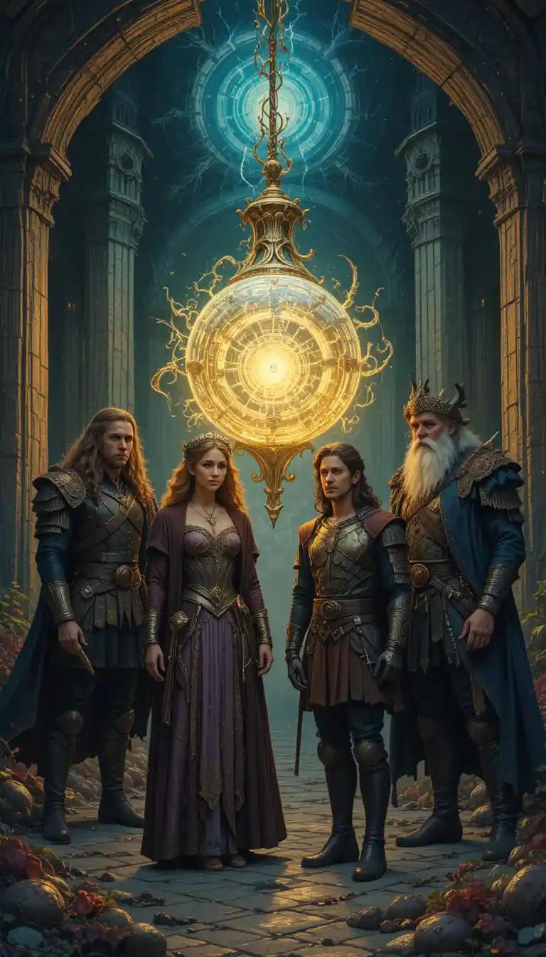 Héros de fantasy rassemblés devant un orbe mystique lumineux