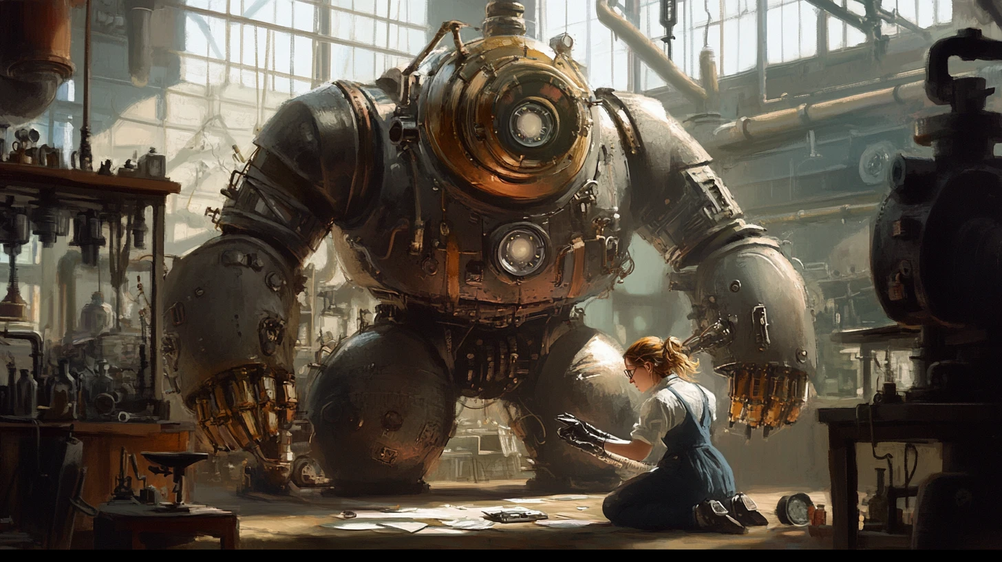 Robot steampunk y asistente de laboratorio en el desordenado taller de un inventor