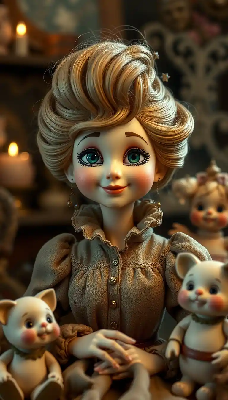 Whimsical porcelain doll in candlelit room of old toys