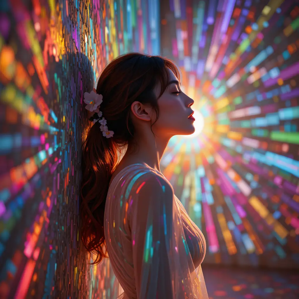 Korean woman in prismatic gown against swirling spectral wall