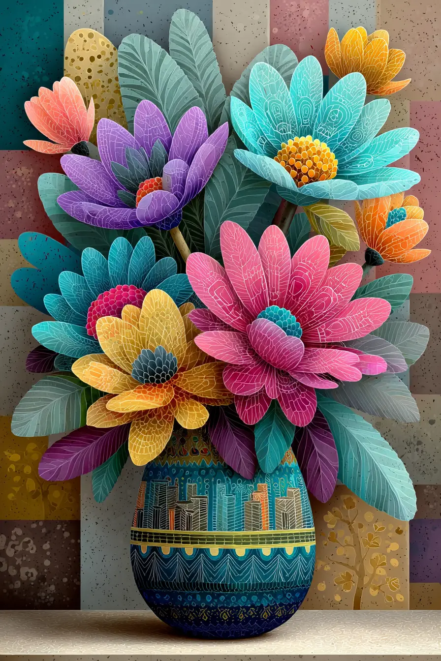 Playful vase of easter egg flowers in spring garden