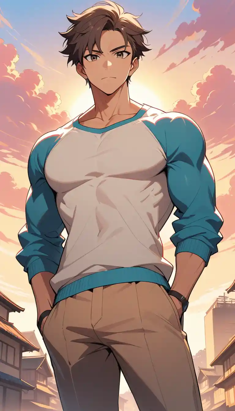Jovem confiante ao pôr do sol em estilo anime