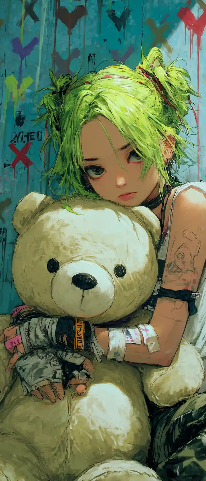 Street punk anime girl holding a torn teddy bear