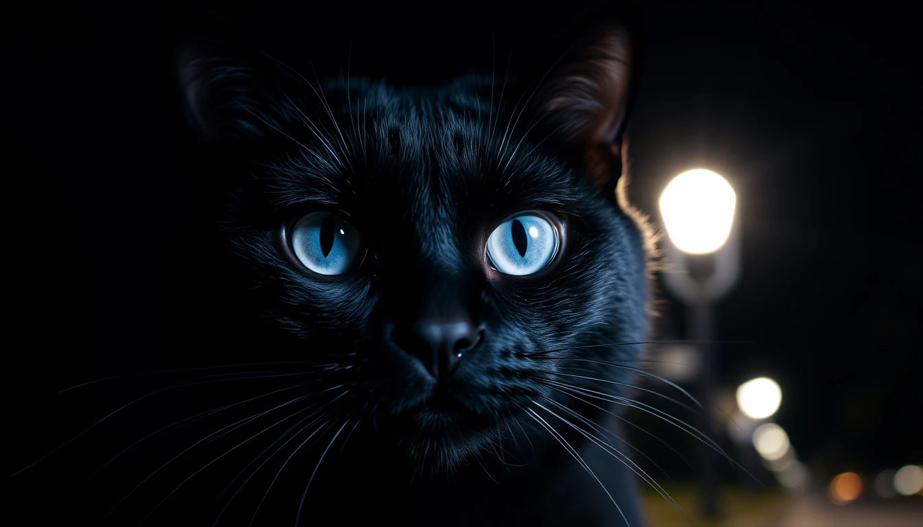 Gato preto em close com olhos azuis vibrantes à noite