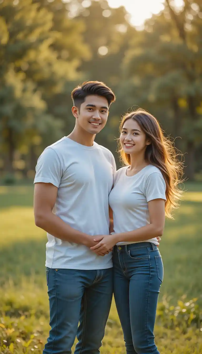 Young couple holding hands in a sunny park