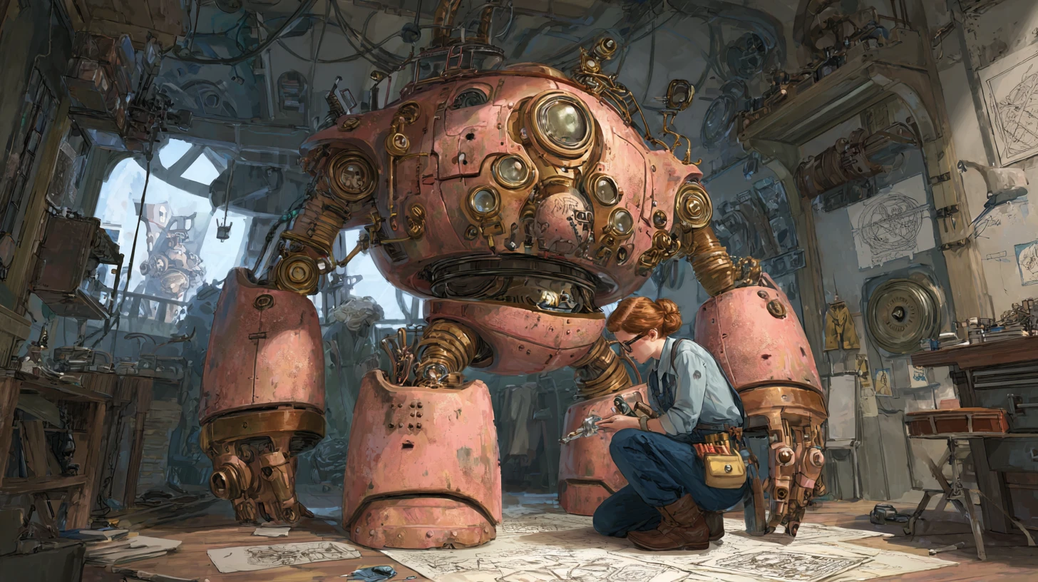 Robot steampunk y asistente de laboratorio en el desordenado taller de un inventor