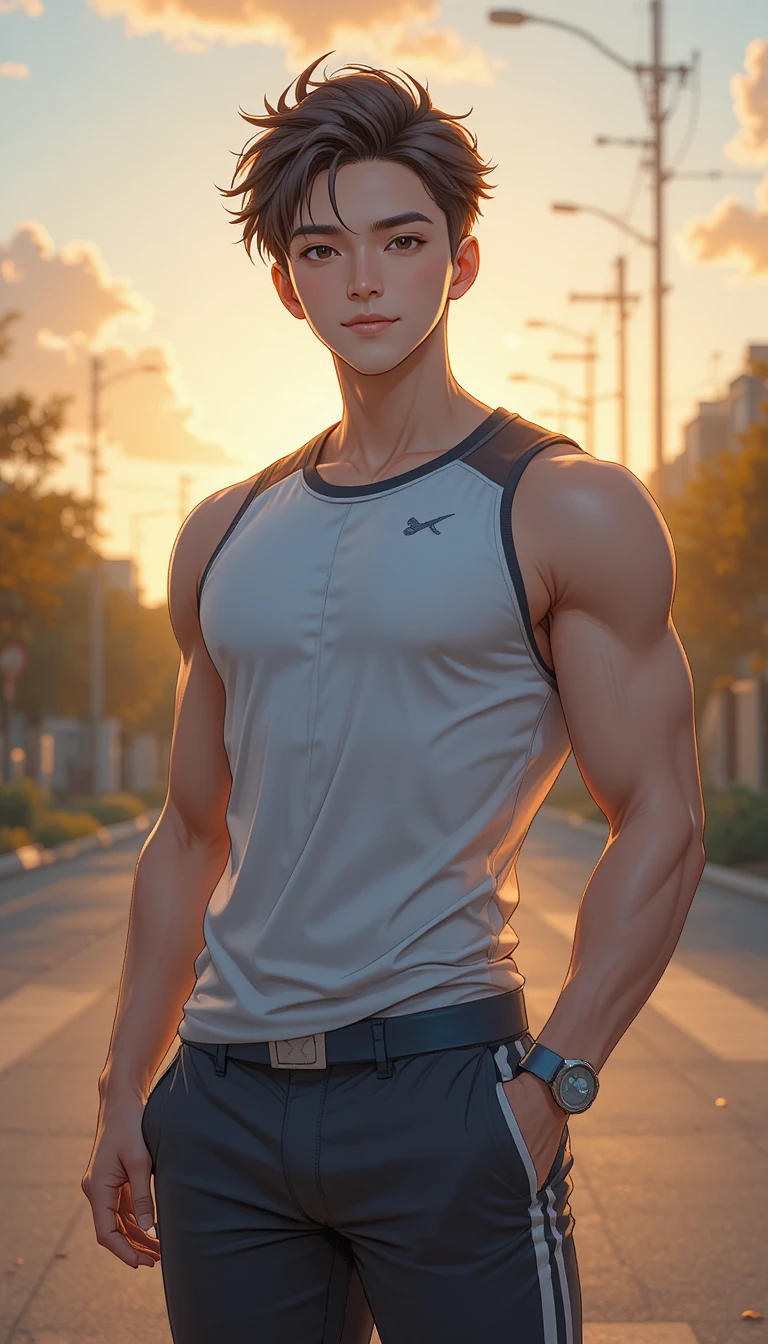 Homem de anime em pé com confiança na luz quente do pôr do sol