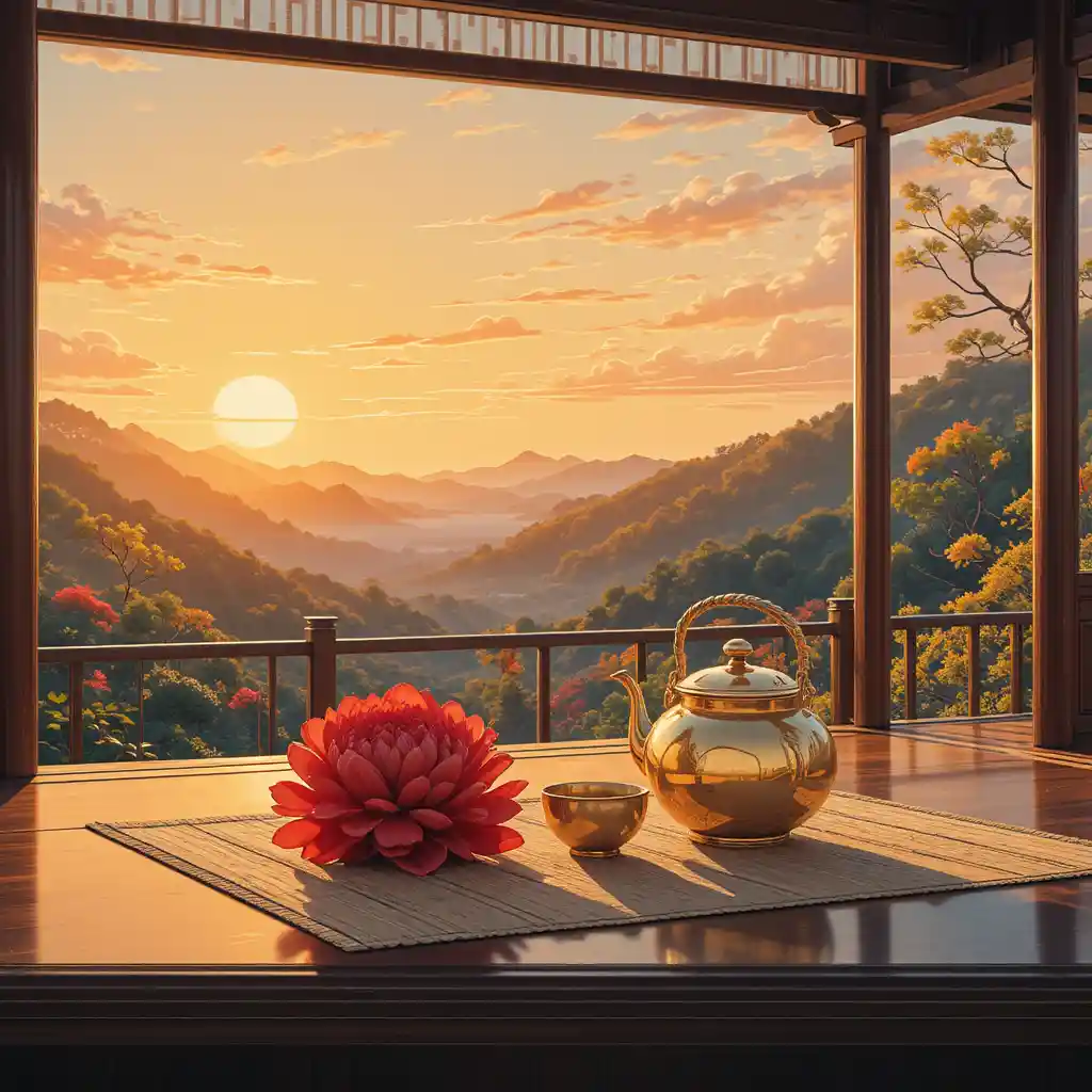 고요한 정원 속 붉은 모란과 우키요에 다도