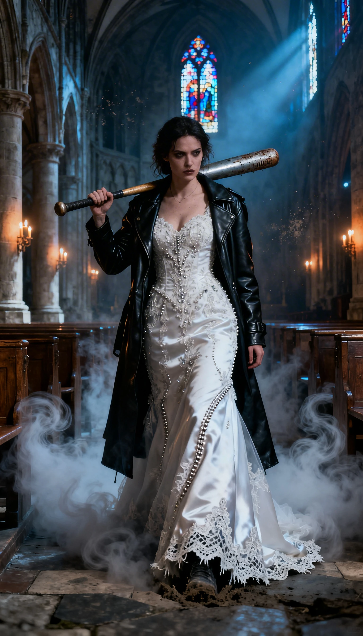 Bride with baseball bat in gothic church interior