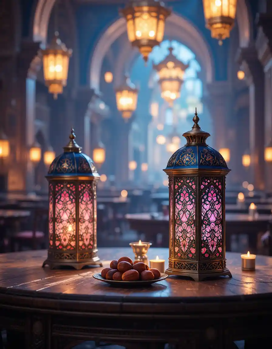 Lanterne di Ramadan cinematografiche su tavolo di legno con bagliore caldo