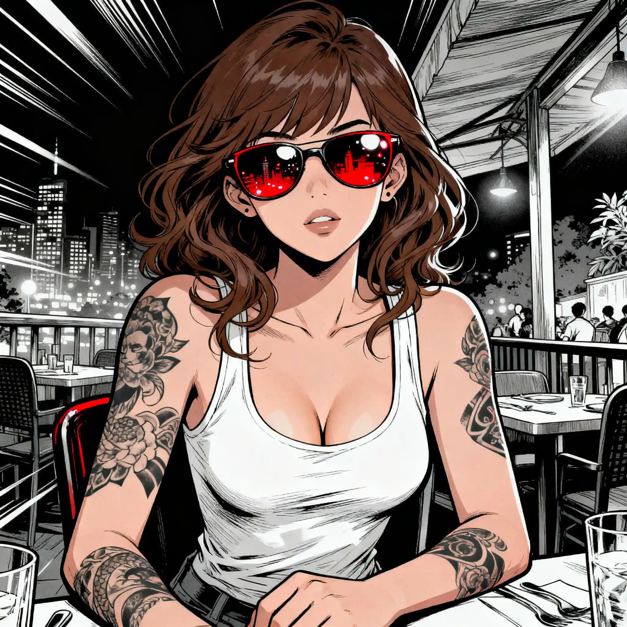 Ragazza tatuata con occhiali da sole al tavolo di un ristorante di notte