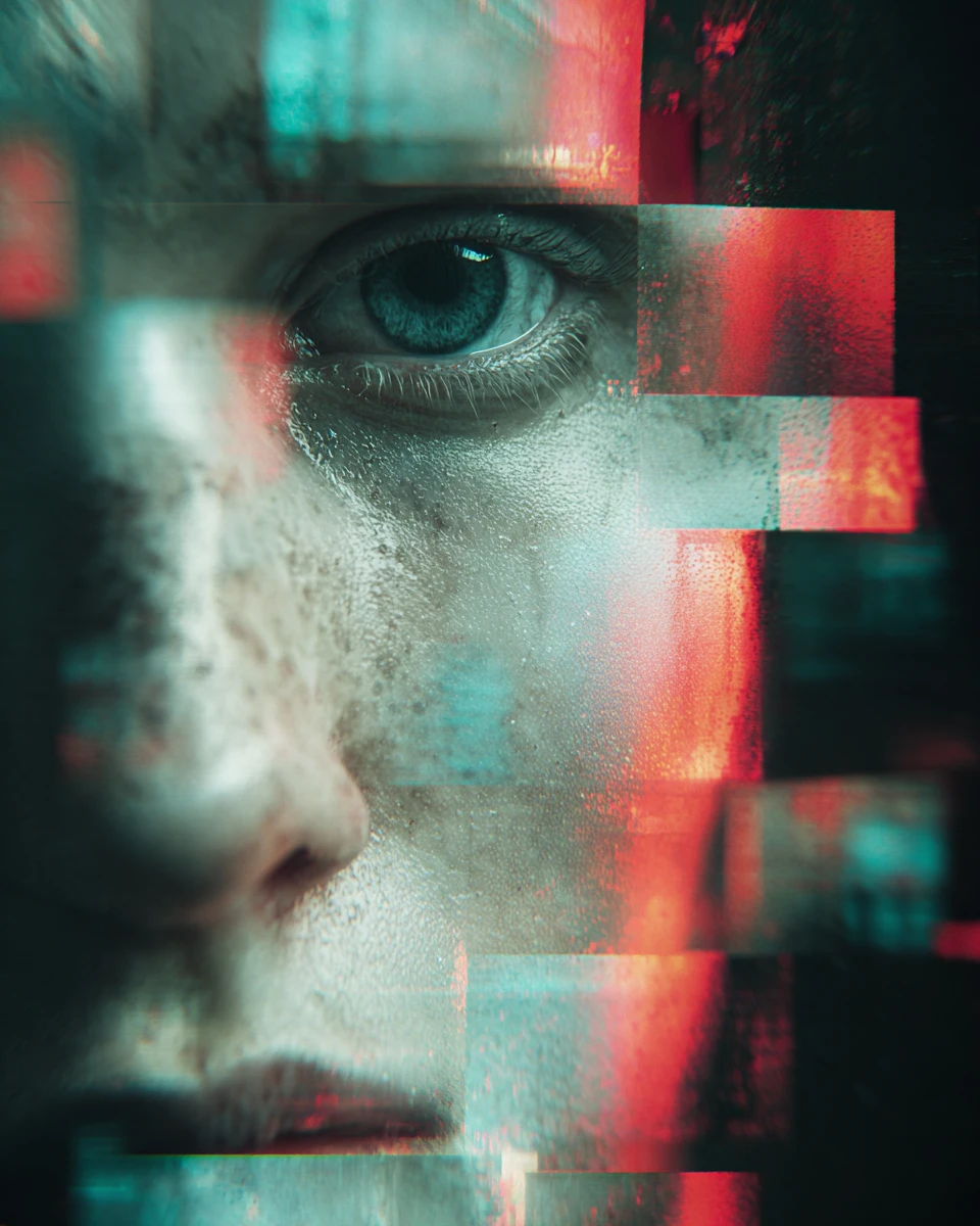 Retrato glitch em close extremo de um rosto fragmentado