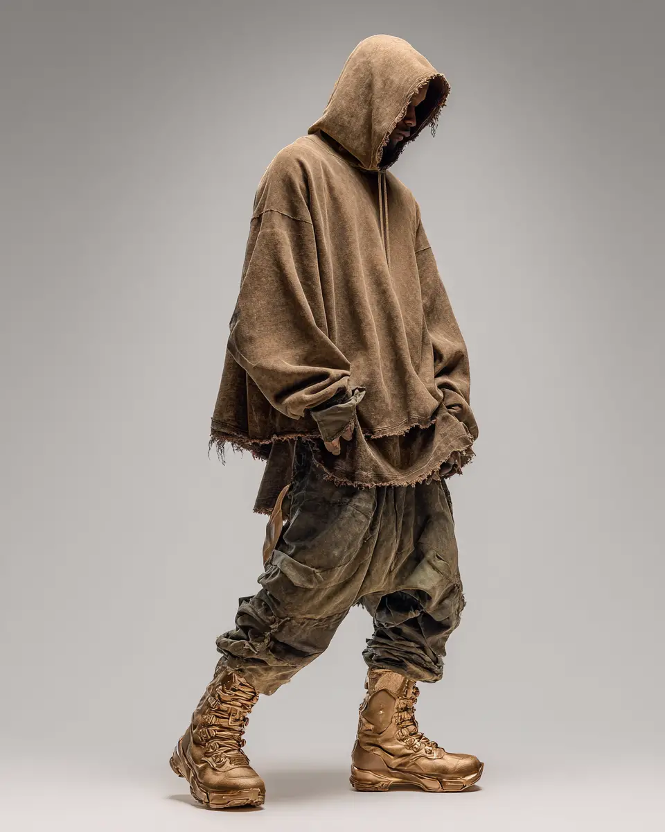 Modelo de Streetwear con Capucha y Sin Rostro en Vista de Cuerpo Completo en Estudio