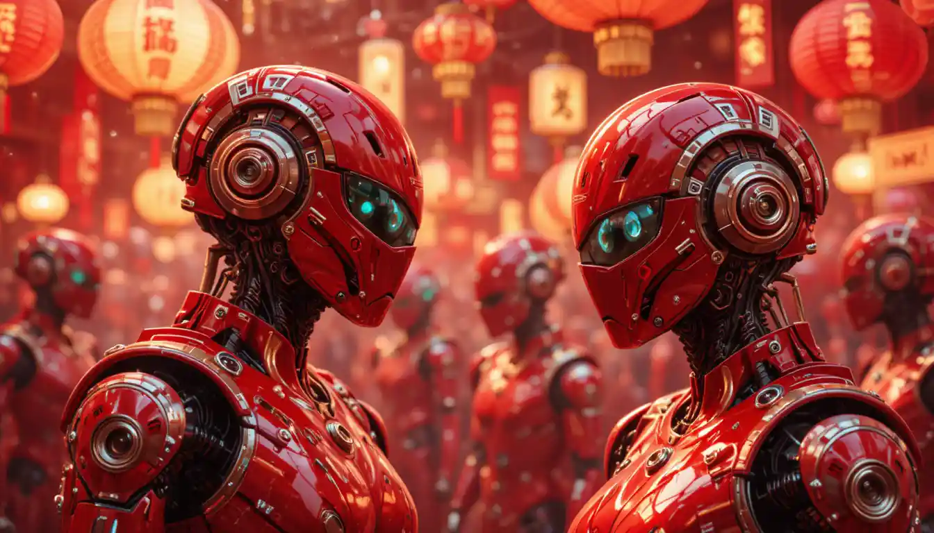 Robôs humanóides celebram o Ano Novo Chinês em cidade futurista