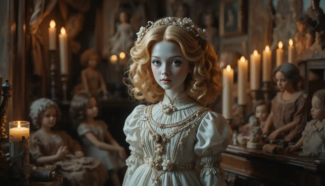Boneca de porcelana em quarto à luz de velas com brinquedos vintage