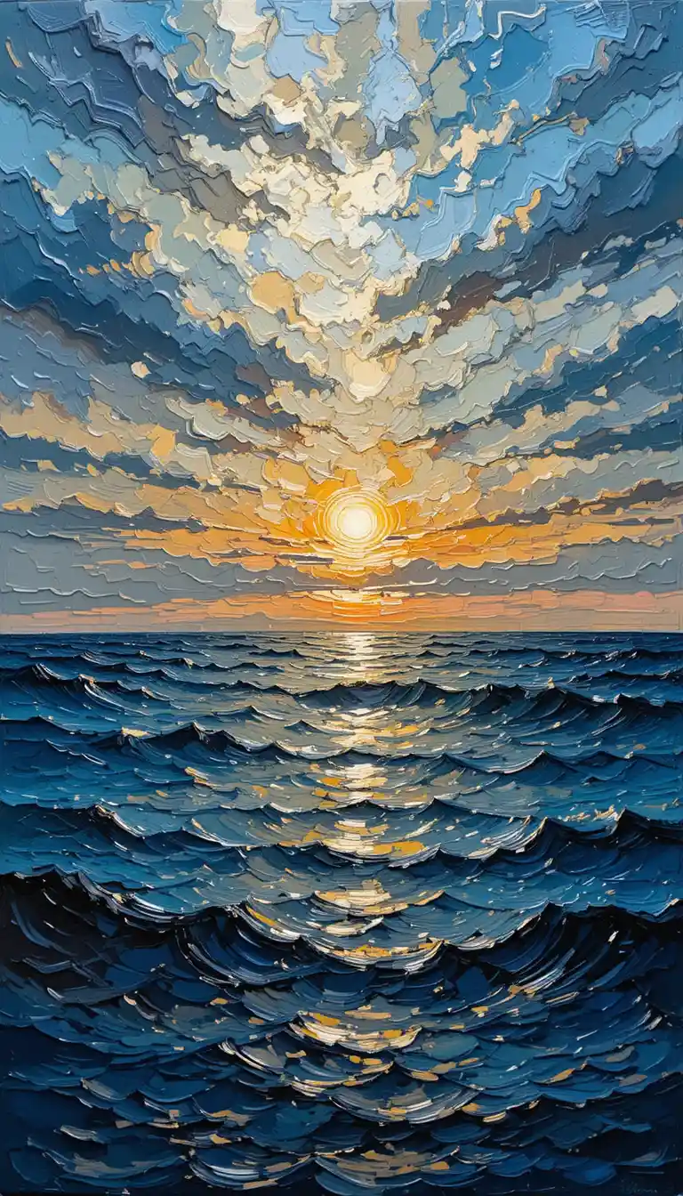 Pintura impasto com espátula de um oceano refletivo