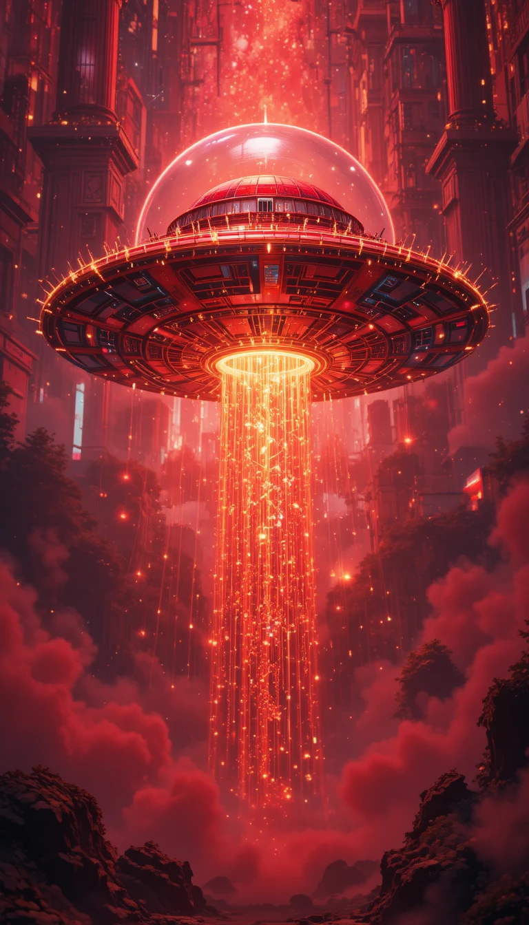 Festive red and gold sci fi ufo digital painting