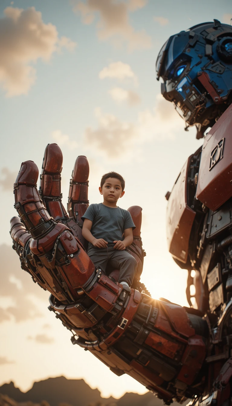 Young boy cradled in a giant robot hand at dusk