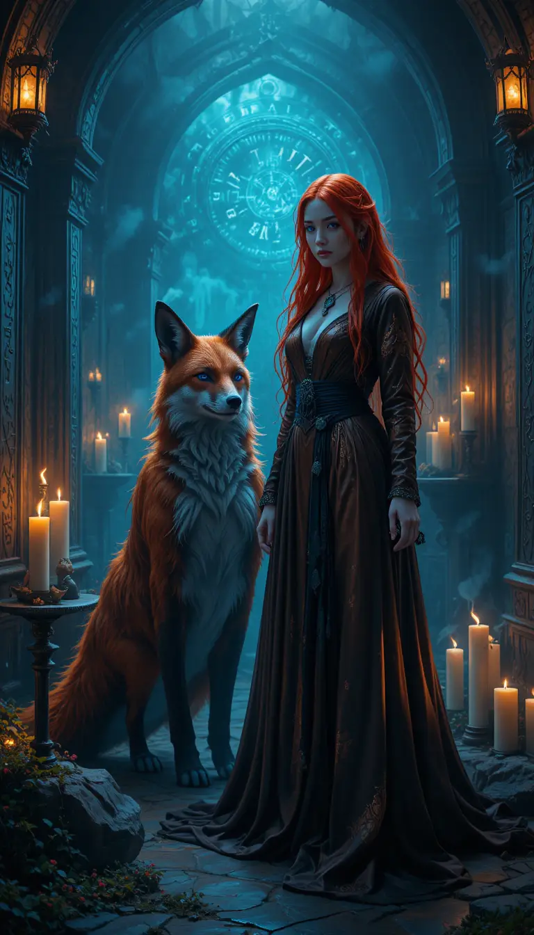 Anthropomorphic Fox And Sorceress In Runes Lit Chamber