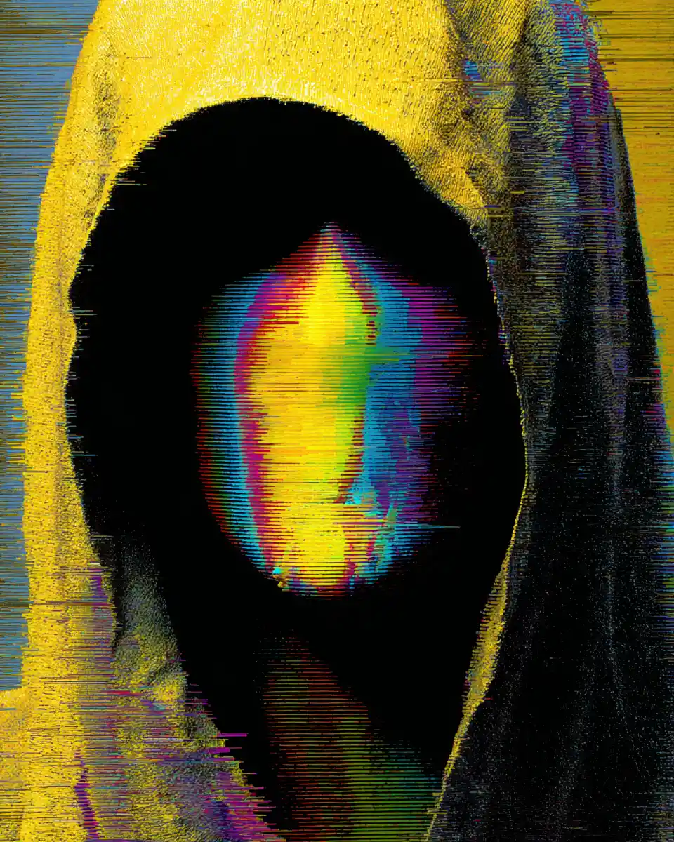 Glitch portrait of a faceless hooded figure in shadow