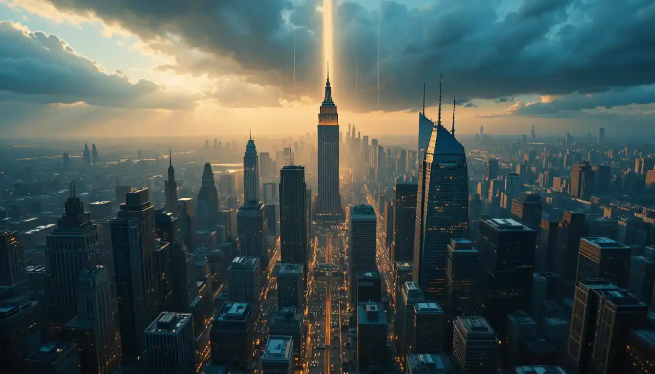 Épico paisaje urbano en vista aérea con brillantes venas de luz dorada