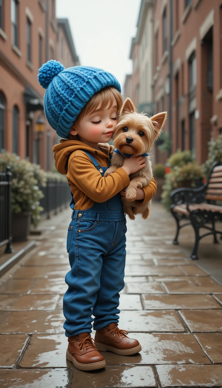 Child kissing a tiny yorkshire terrier on a rainy street