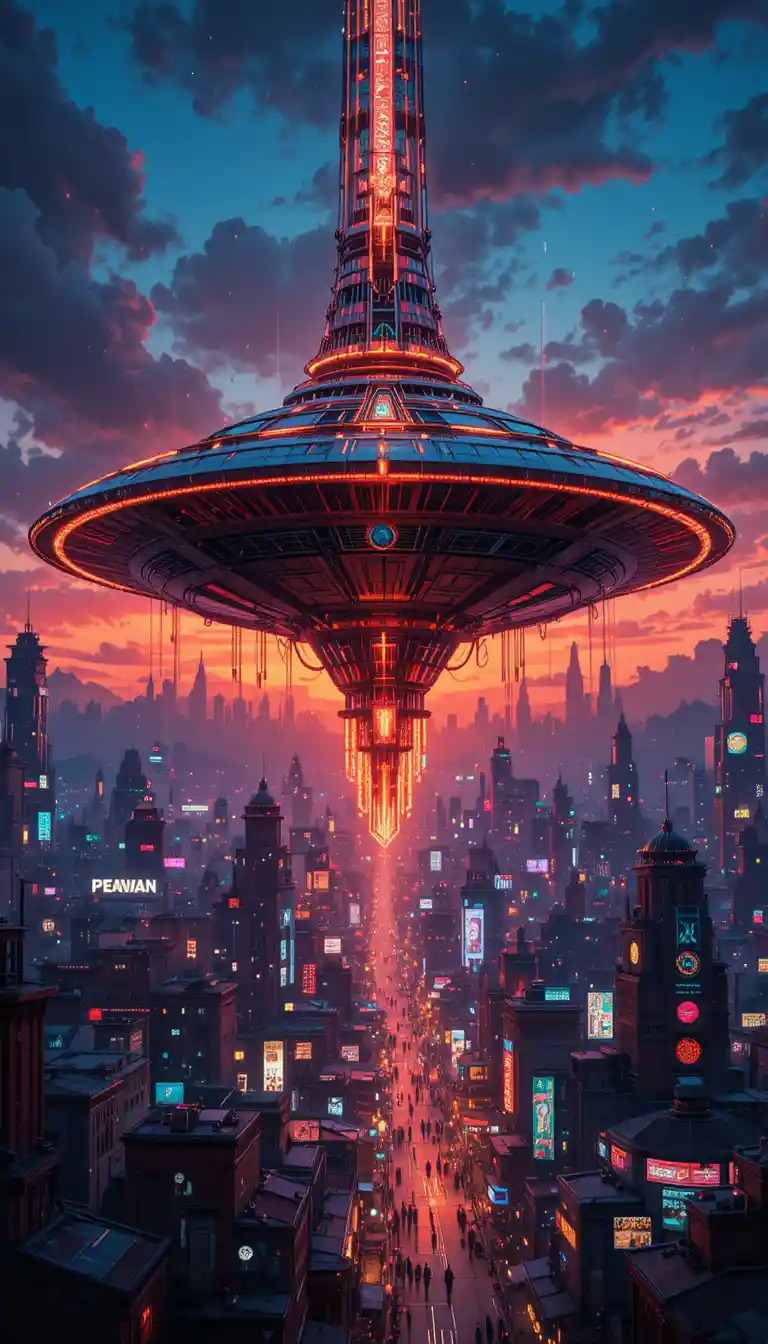 Futuristic cyber ufo above a festive neon cityscape