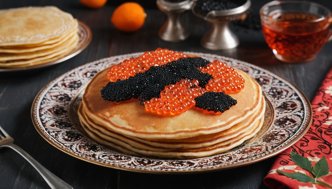 Caviar vermelho e preto servido com panquecas no prato