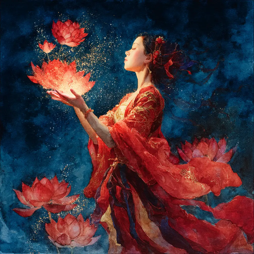 赤と金の蓮の花を呼び出す天女