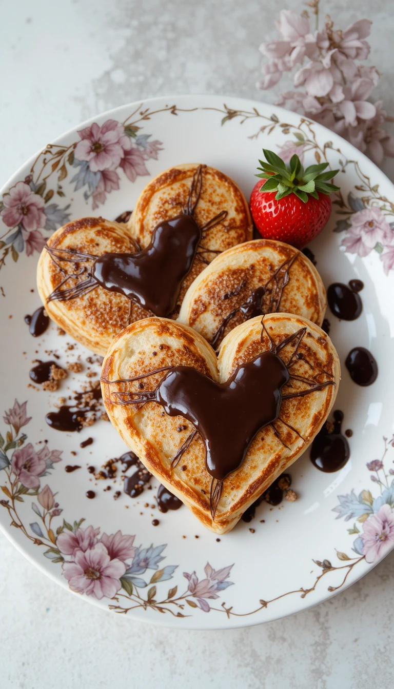 Heart shaped pancakes with chocolate sauce and strawberries
