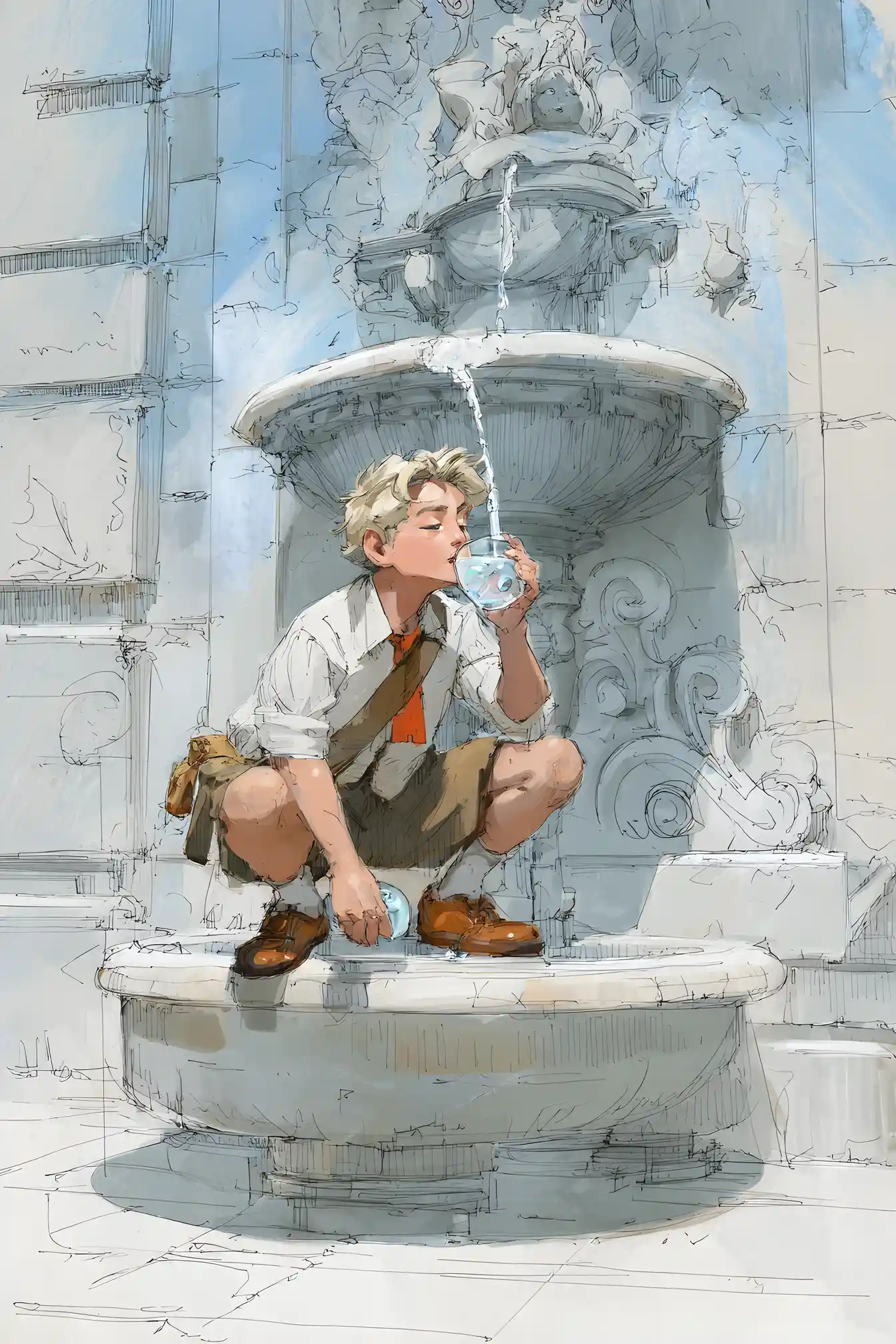 Person drinking from a magical fountain under bright sun