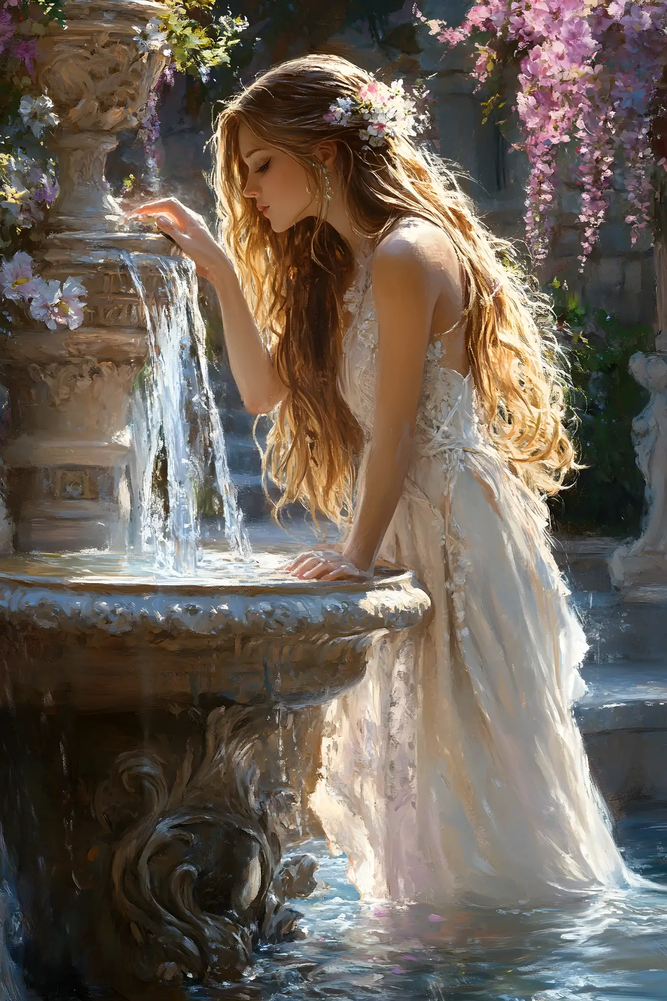 Golden haired woman drinking from a sunlit stone fountain