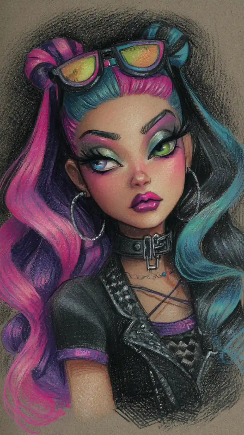 Chica diva de estilo gótico en un colorido salón de clase de fantasía