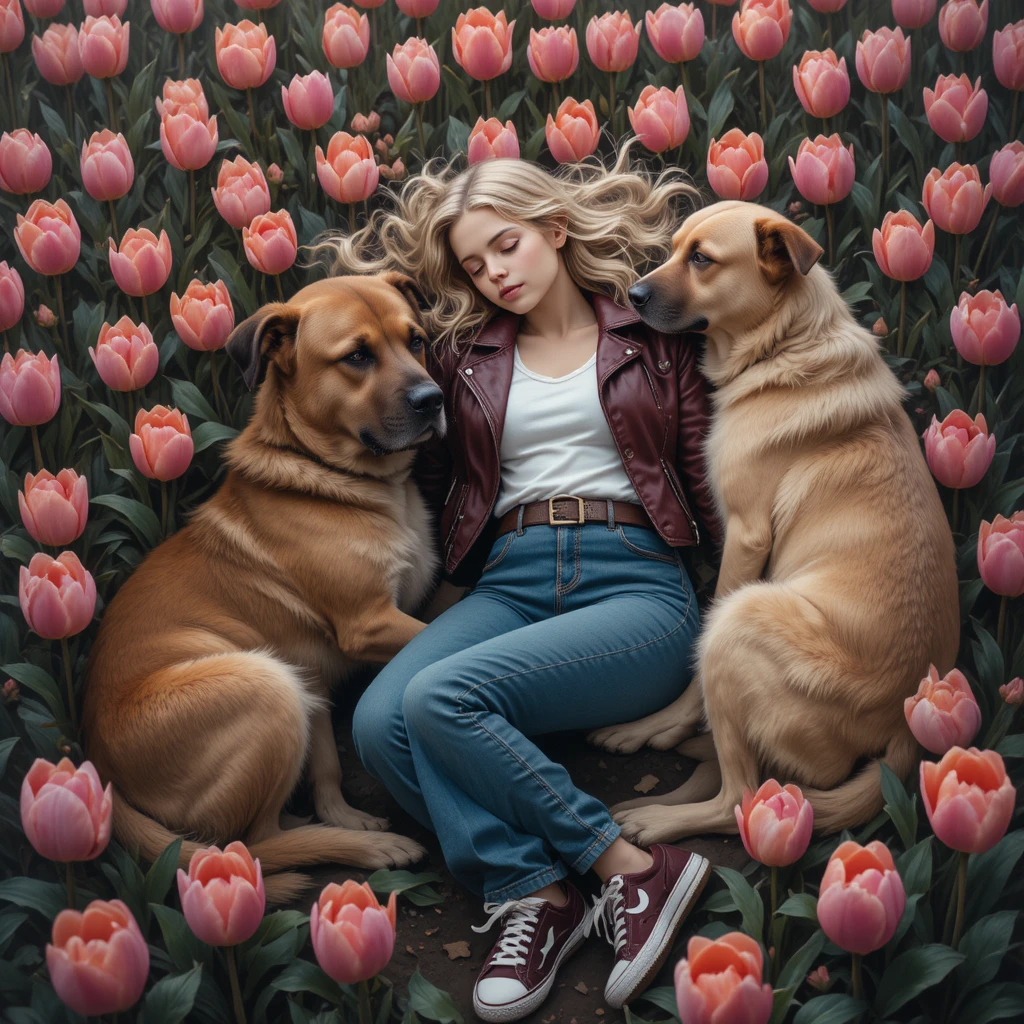 Sleeping girl in tulip field guarded by two large dogs