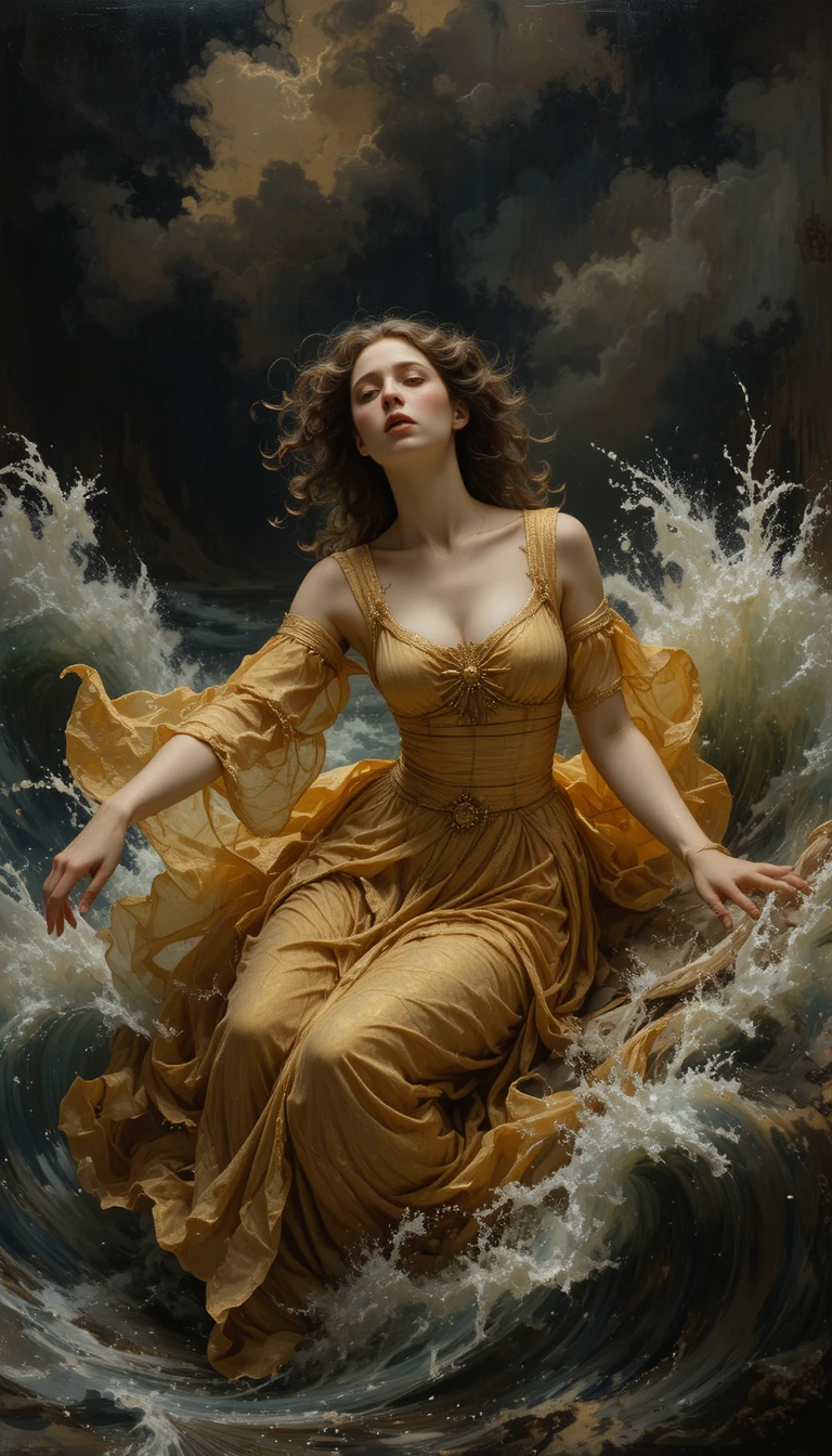Woman in period dress adrift in baroque golden shadows