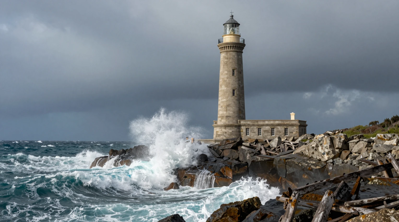 Antico faro sopra mare in tempesta e onde infrante