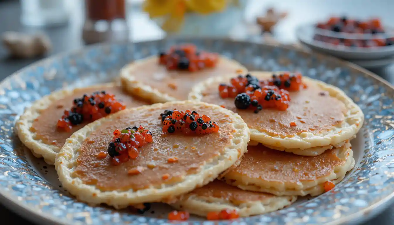 Prato de panquecas cobertas com caviar vermelho e preto