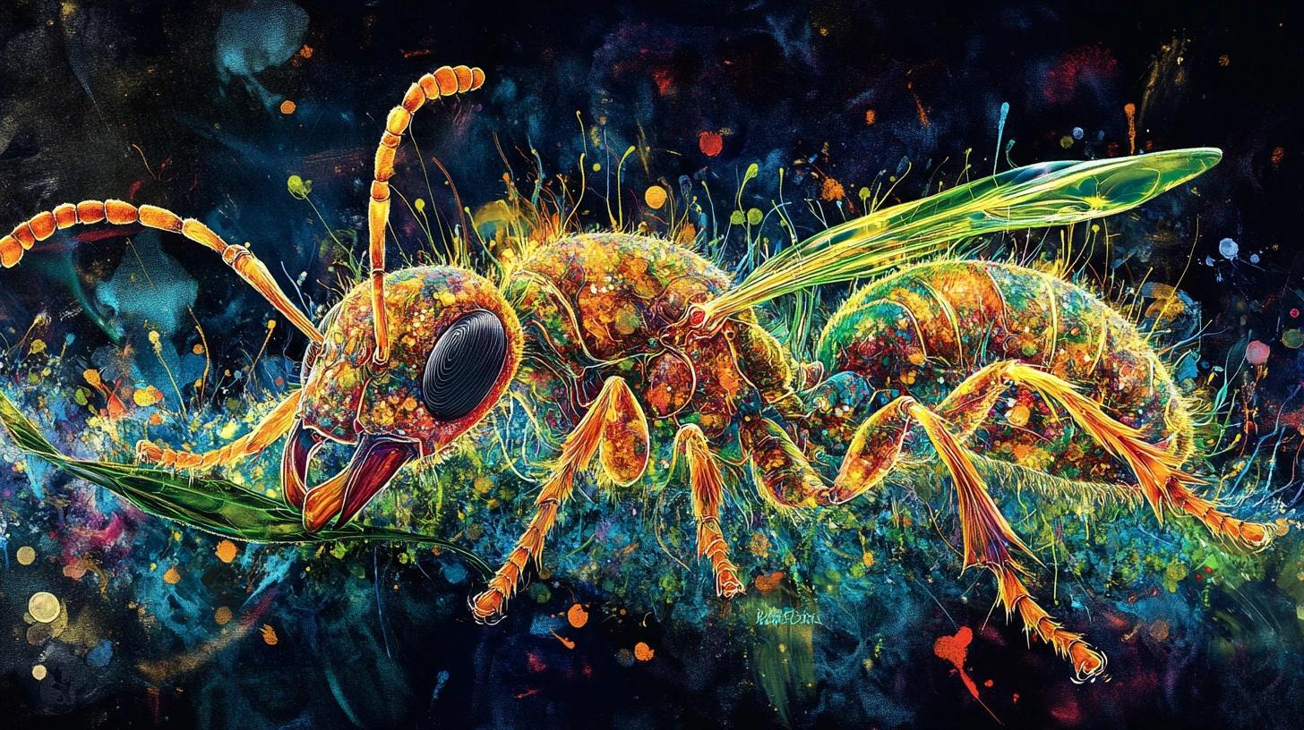 Formica astratta surreale con corpo d’erba su sfondo scuro e colorato