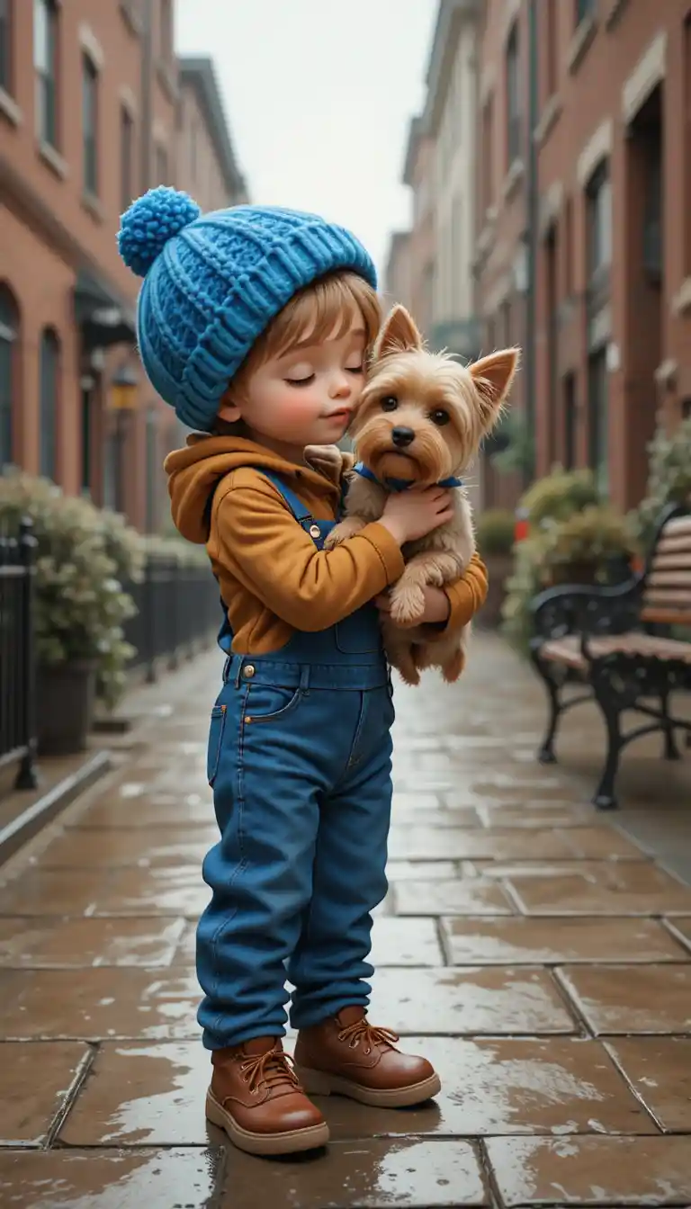 Child kissing a tiny yorkshire terrier on a rainy street