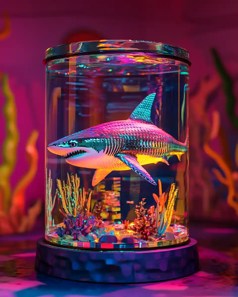 Squalo in miniatura pop art in un acquario retrò luminoso