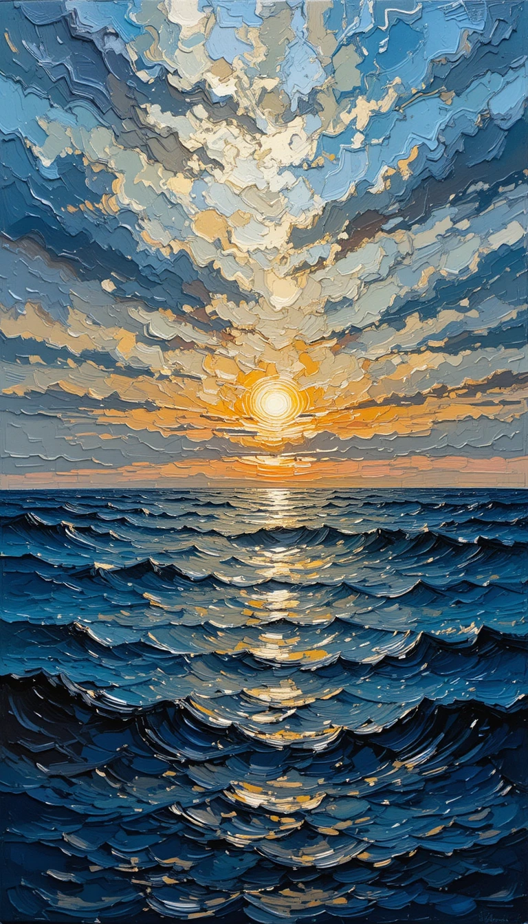 Pintura impasto com espátula de um oceano refletivo
