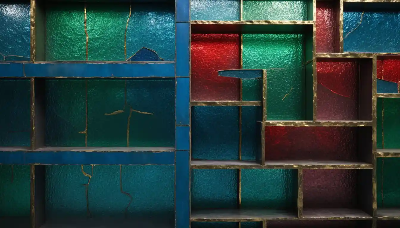 Interno astratto con parete di vetro e scaffali blu