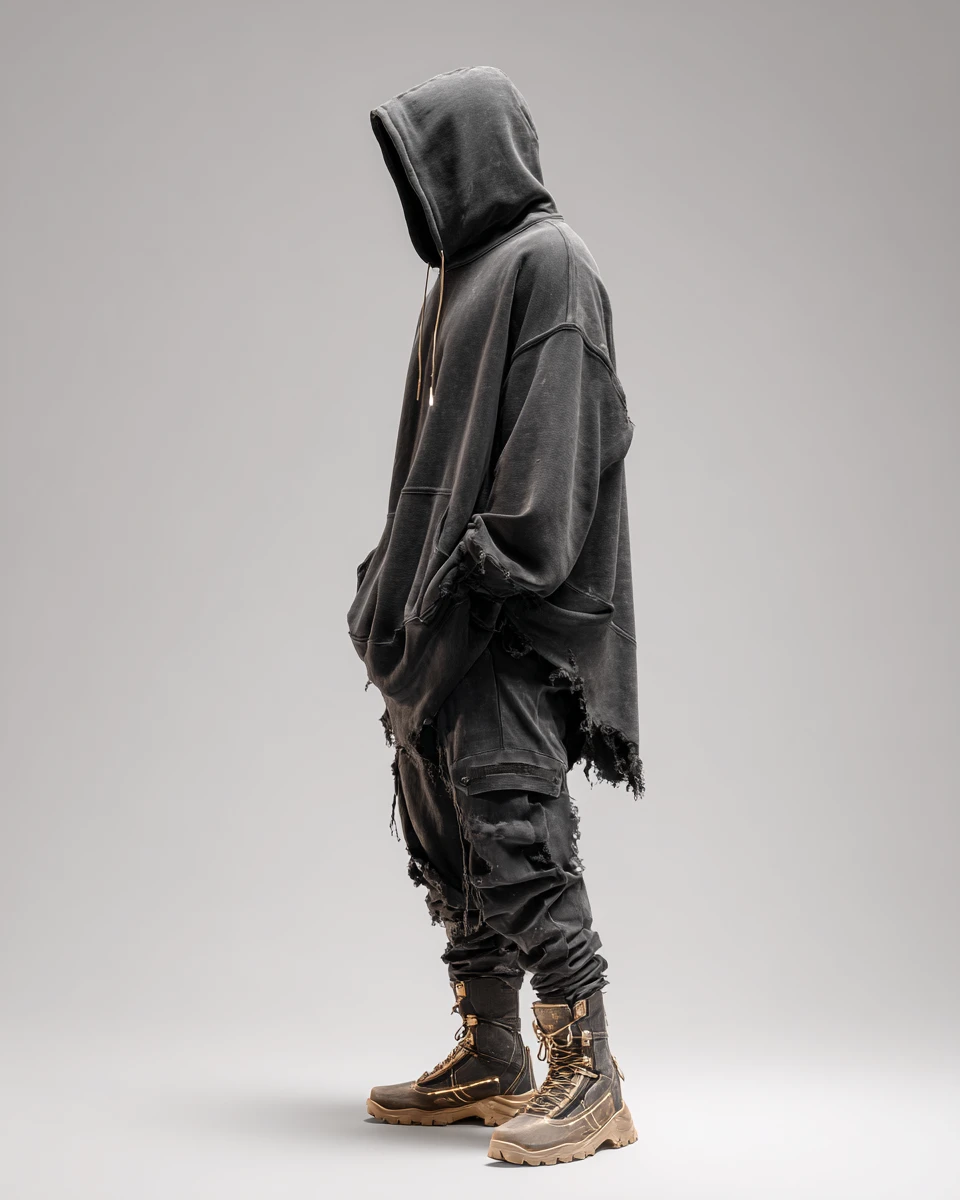 Figura de streetwear sin rostro con sudadera oversize desgastada