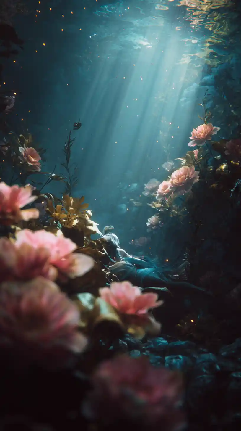 Sereia surreal à deriva entre flora subaquática profunda e luz