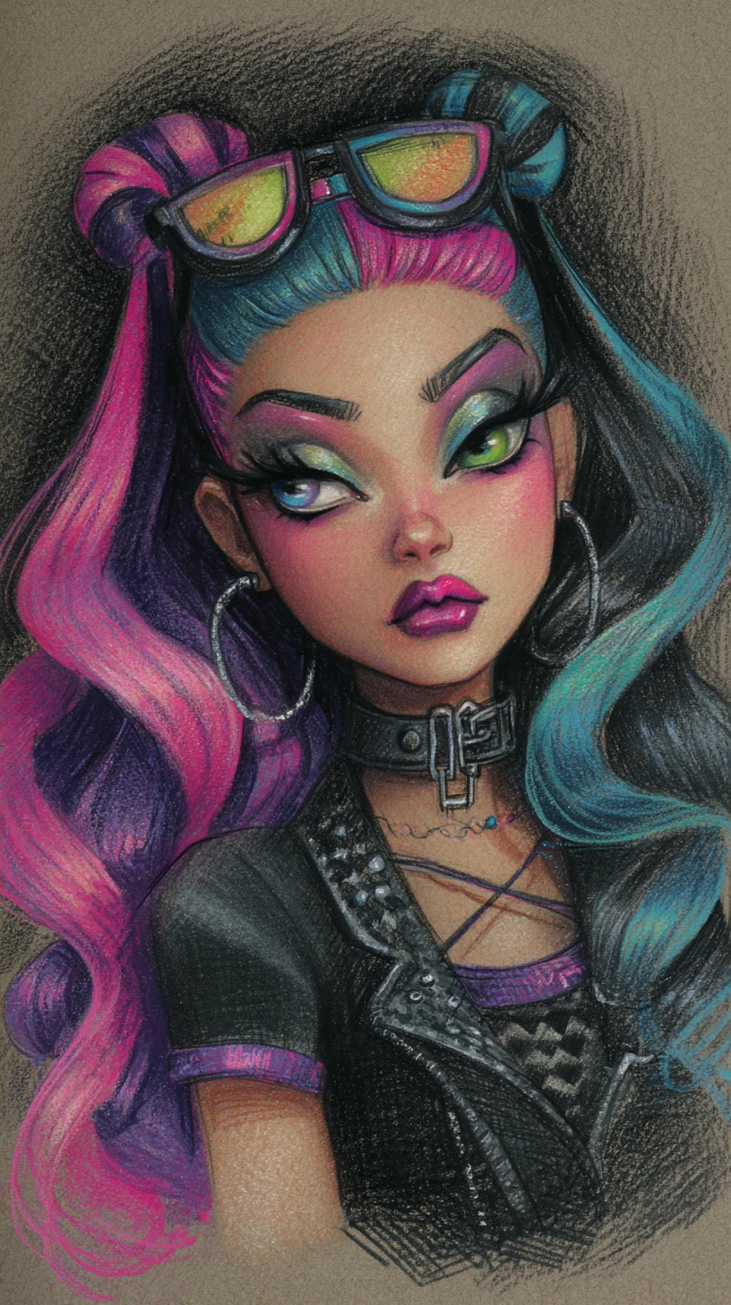 Goth inspired diva girl in a colorful fantasy classroom