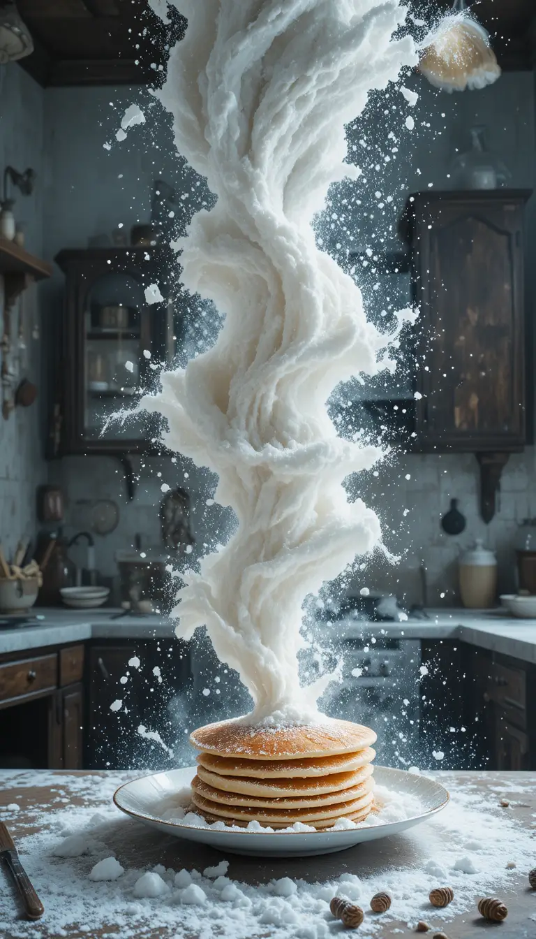Tornado surreal de farinha e panquecas em uma cozinha nevada
