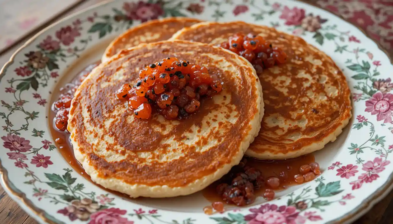 Panquecas de cristal com caviar vermelho e preto em prato estampado