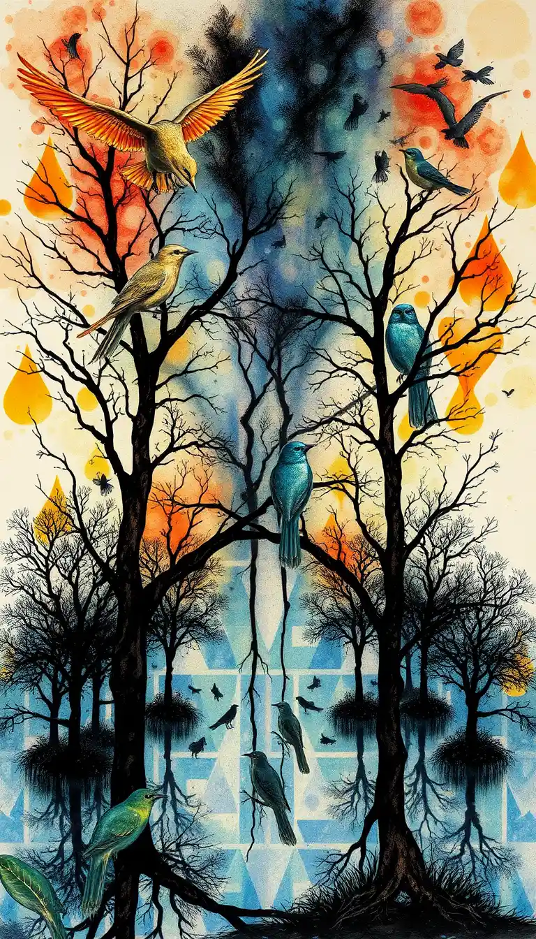 Oiseaux et arbres abstraits surréalistes dans une scène d’encre illusionniste